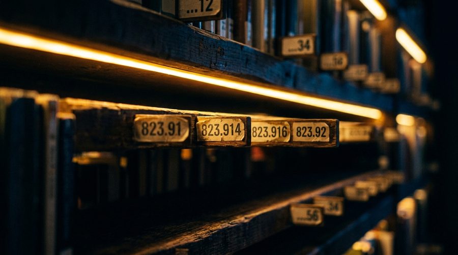 Rak buku dengan label nomor klasifikasi Desimal Dewey di tepi langit-langit rak perpustakaan