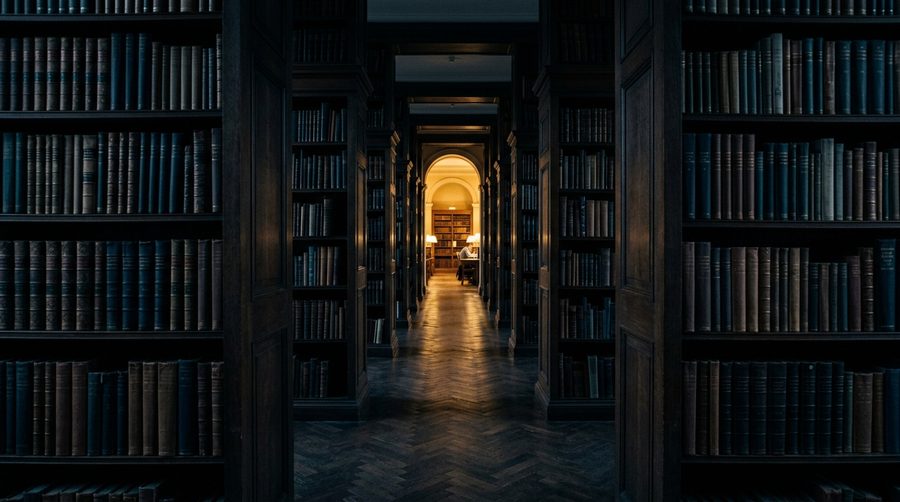 Lorong rak buku perpustakaan dengan perspektif memanjang dan cahaya hangat di ujung lorong
