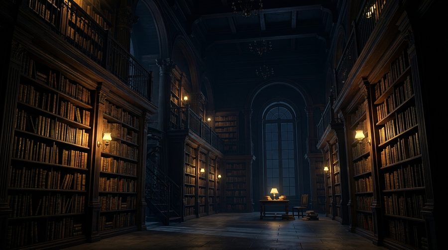 Rak buku perpustakaan dengan punggung buku tertata rapi di bawah cahaya hangat keemasan